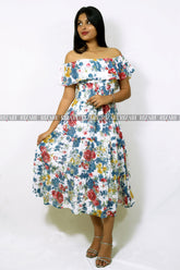 Off-shoulders Floral Midi Dress - printed